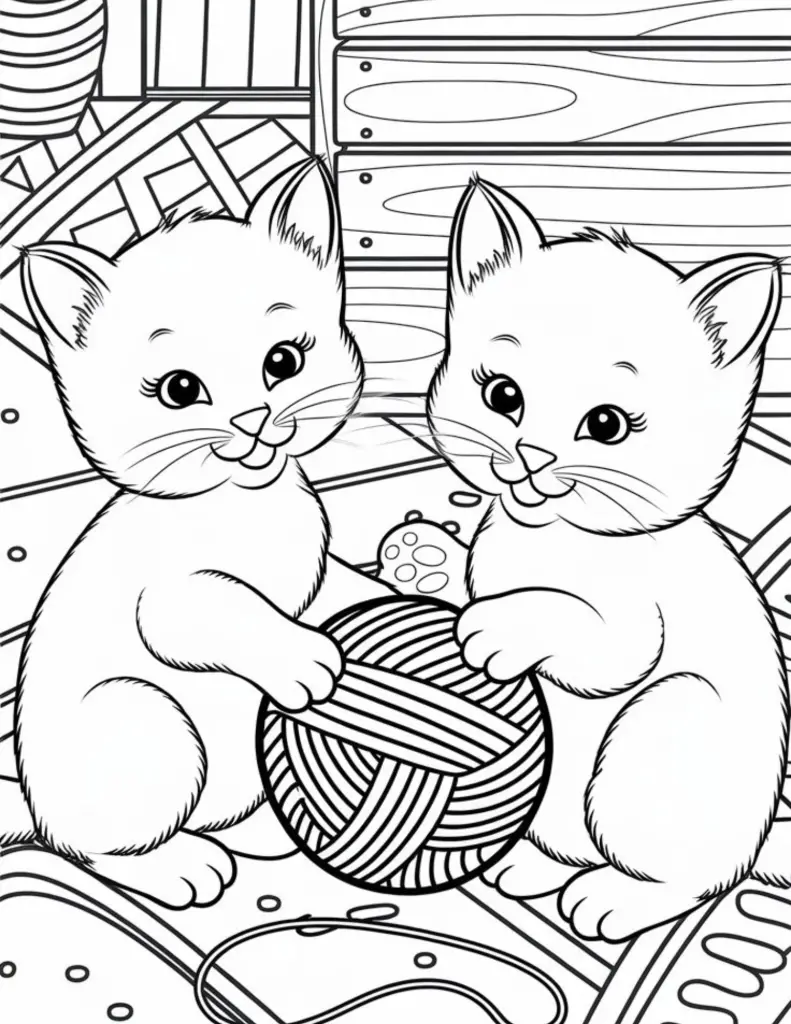 2 cats playing with a ball of yarn coloring page