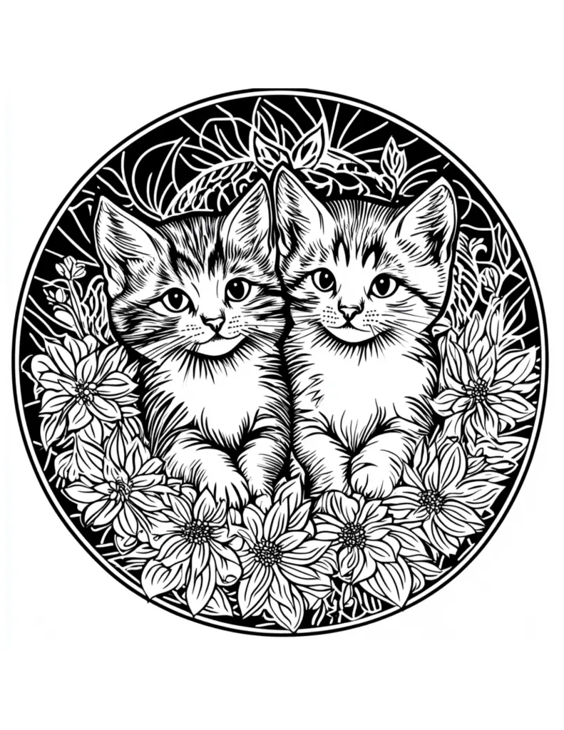 2 kittens and flowers coloring page