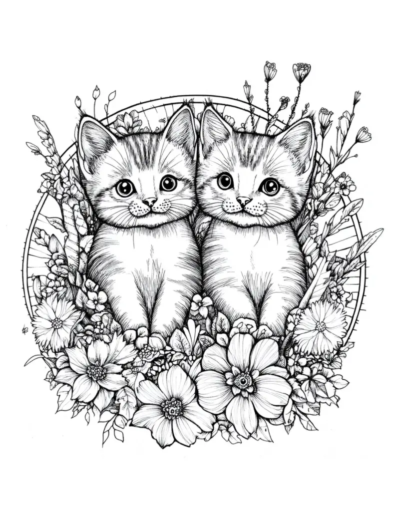 2 kittens and flowers kids coloring page