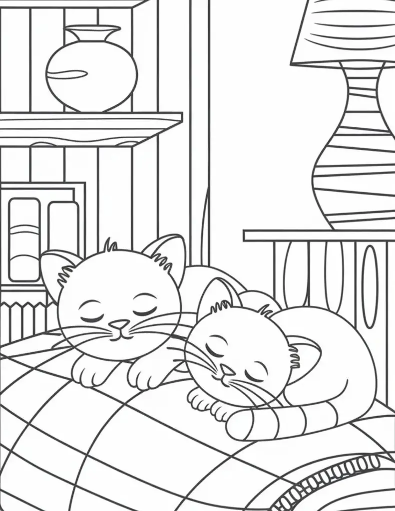 2 sleeping cats kids coloring page