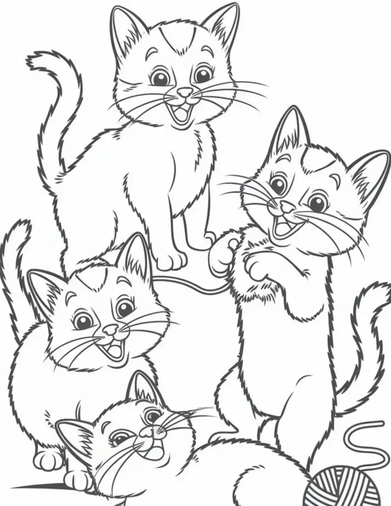 4 cats coloring page for kids