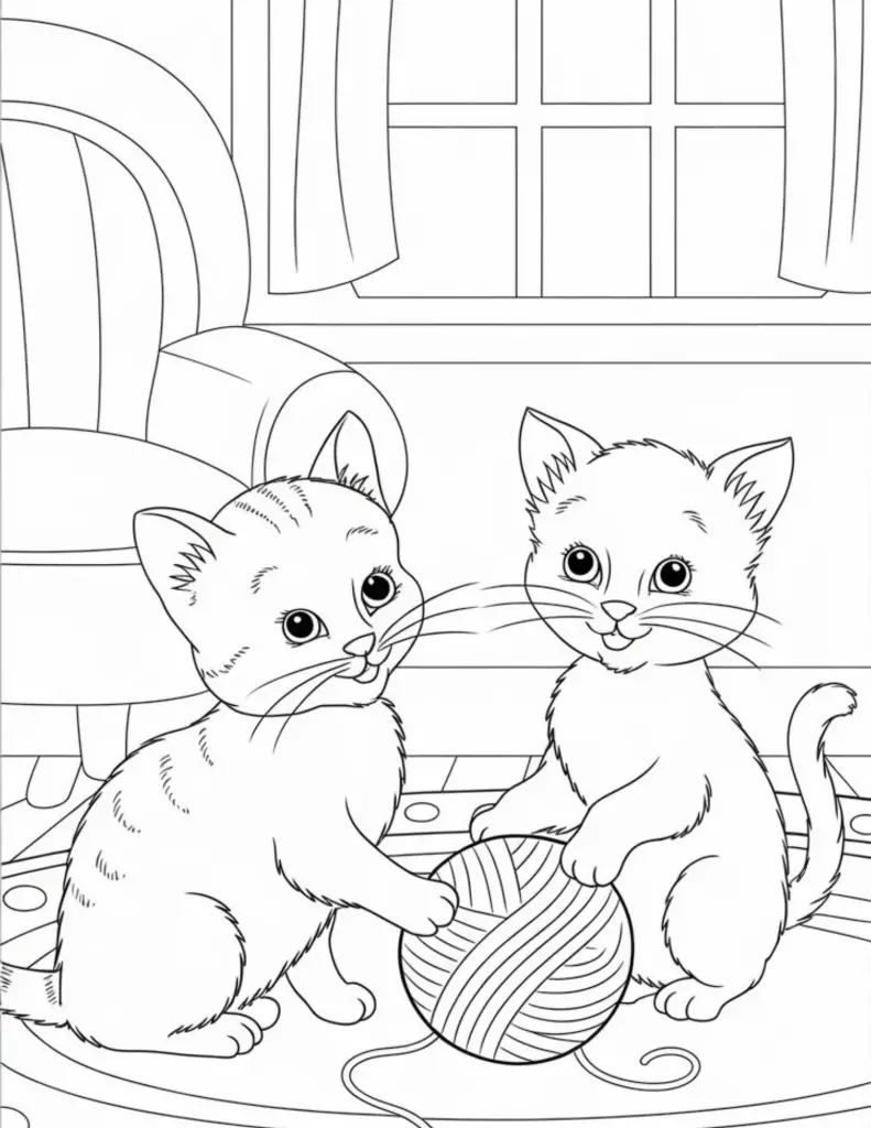 coloring page 2 cats and a ball