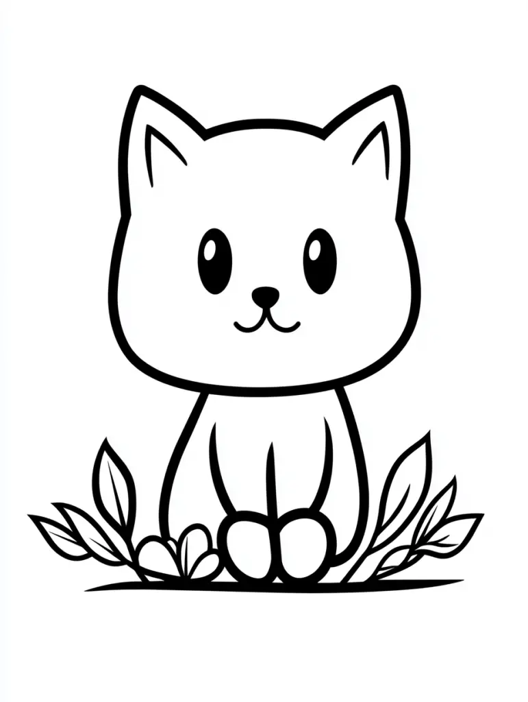 coloring page of cartoon cat sitting on leaves