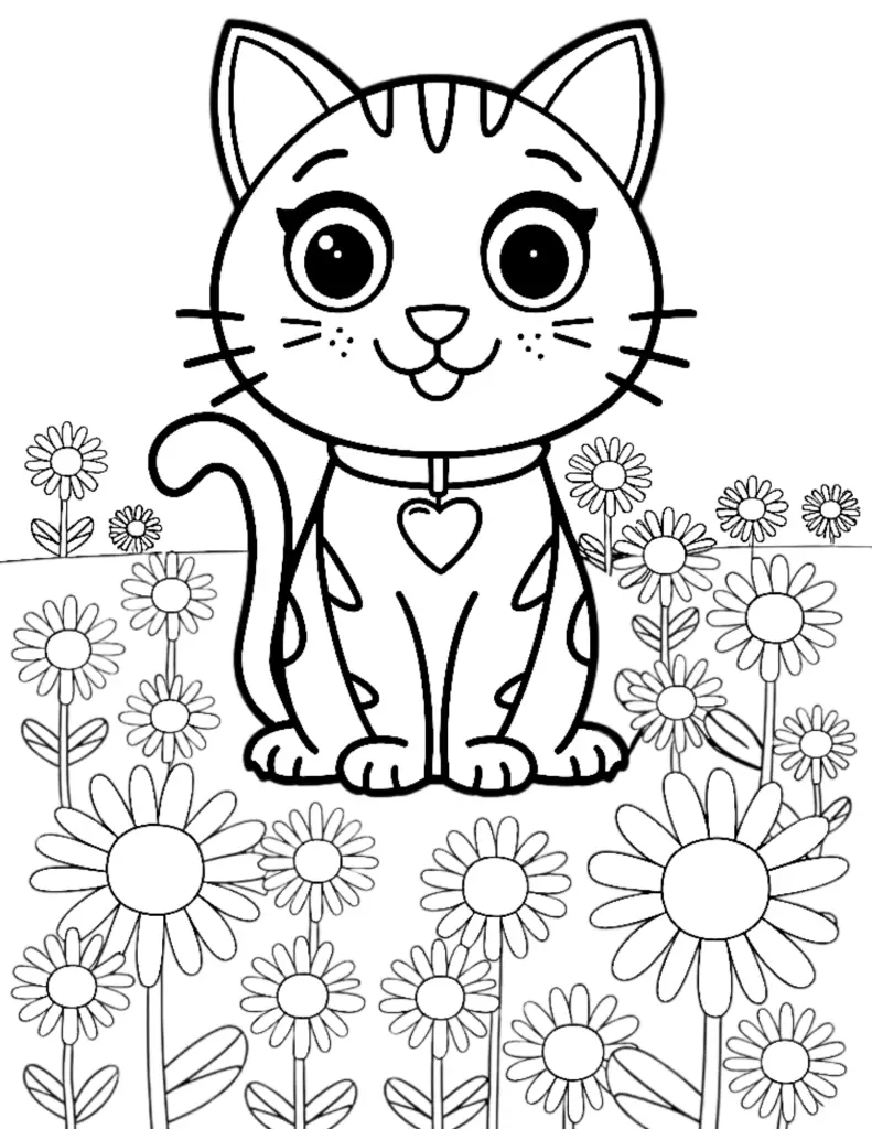 flowers and cat coloring page for children