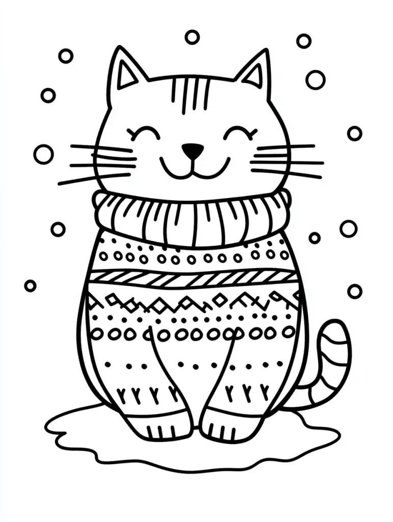 happy cat in a patterned sweater coloring page