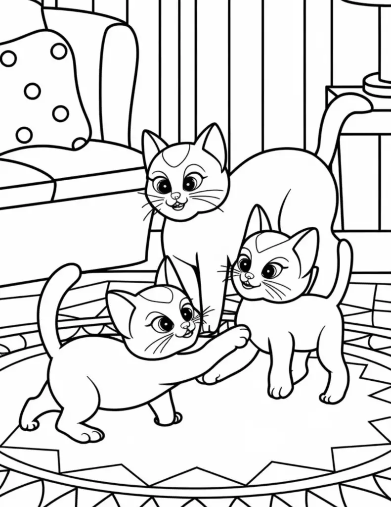 kids coloring page 3 cats playing