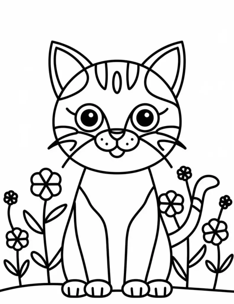 cat in flower field coloring printable