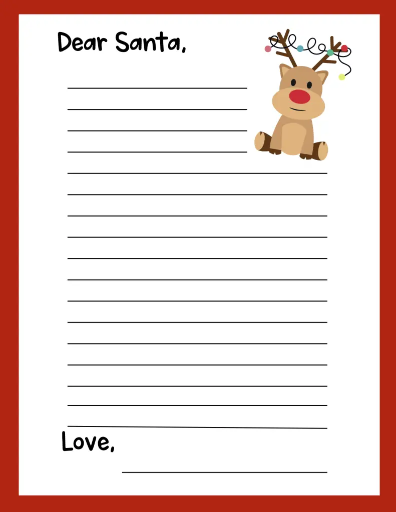 Kids Dear Santa Letter Printable with reindeer