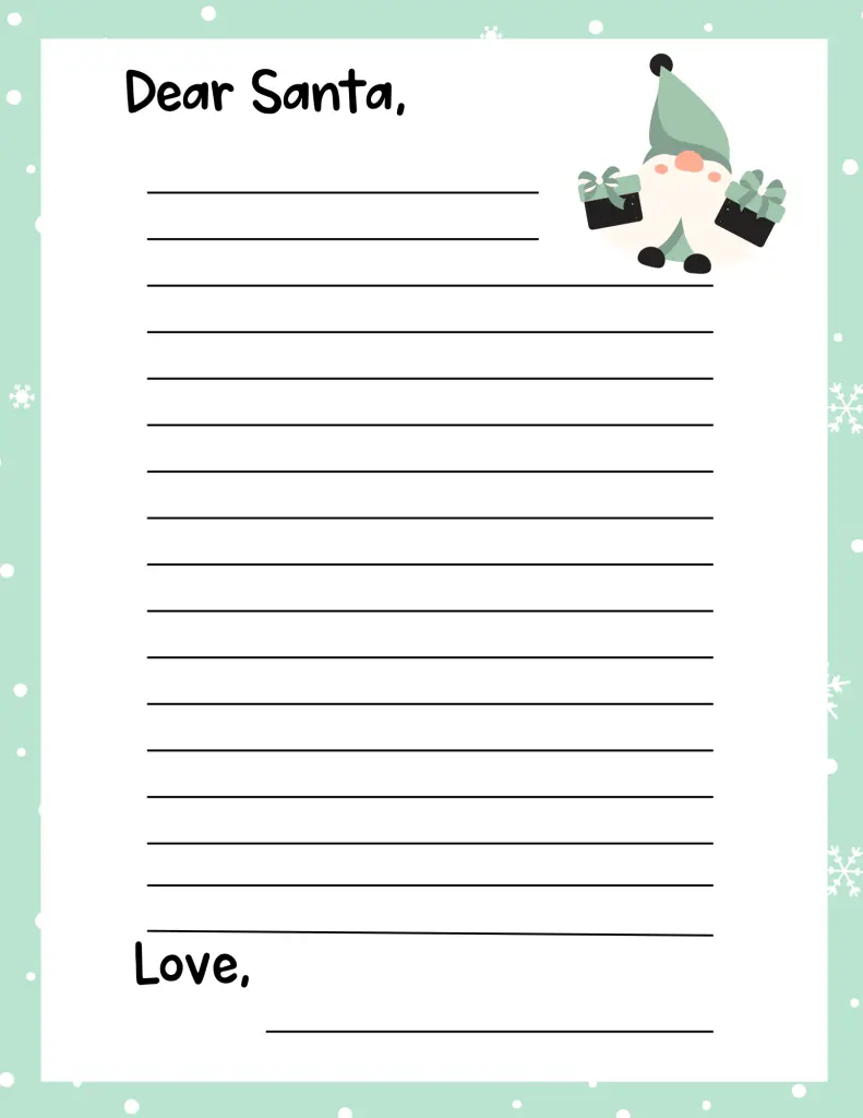 Kids Dear Santa Letter green and white with Christmas gnome