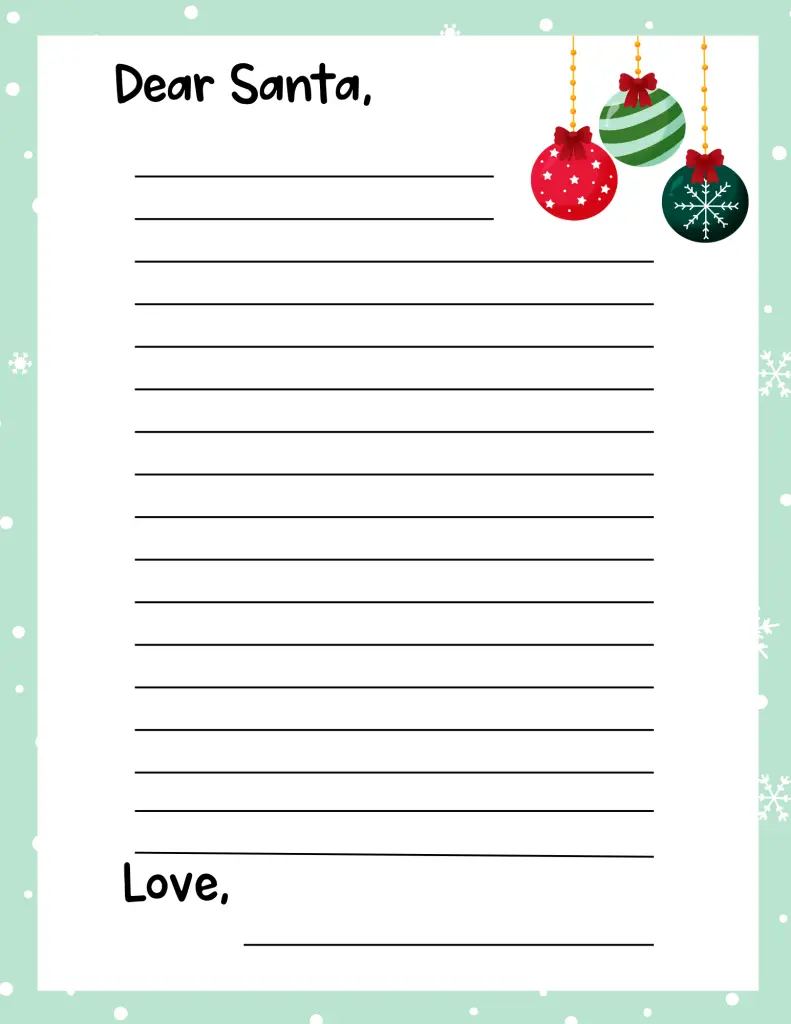 Kids Dear Santa Letter green and white with Christmas ornaments