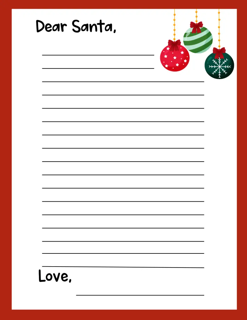 Kids Dear Santa Letter red and white with Christmas ornaments