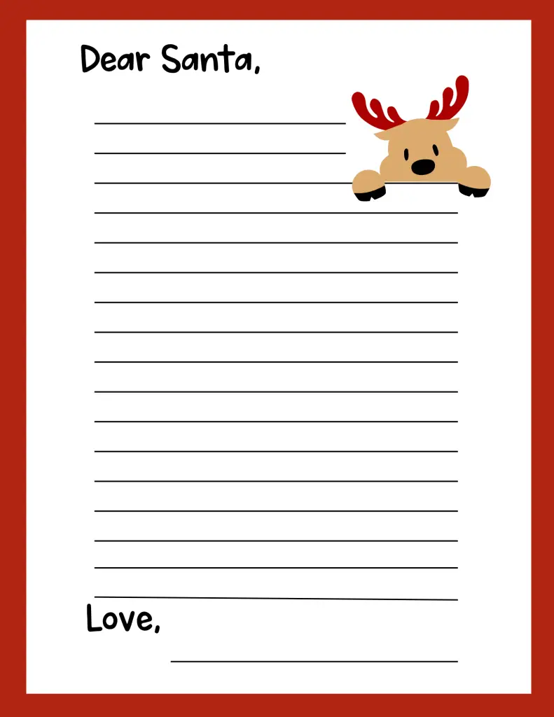 Kids Dear Santa Letter red and white with peeking reindeer