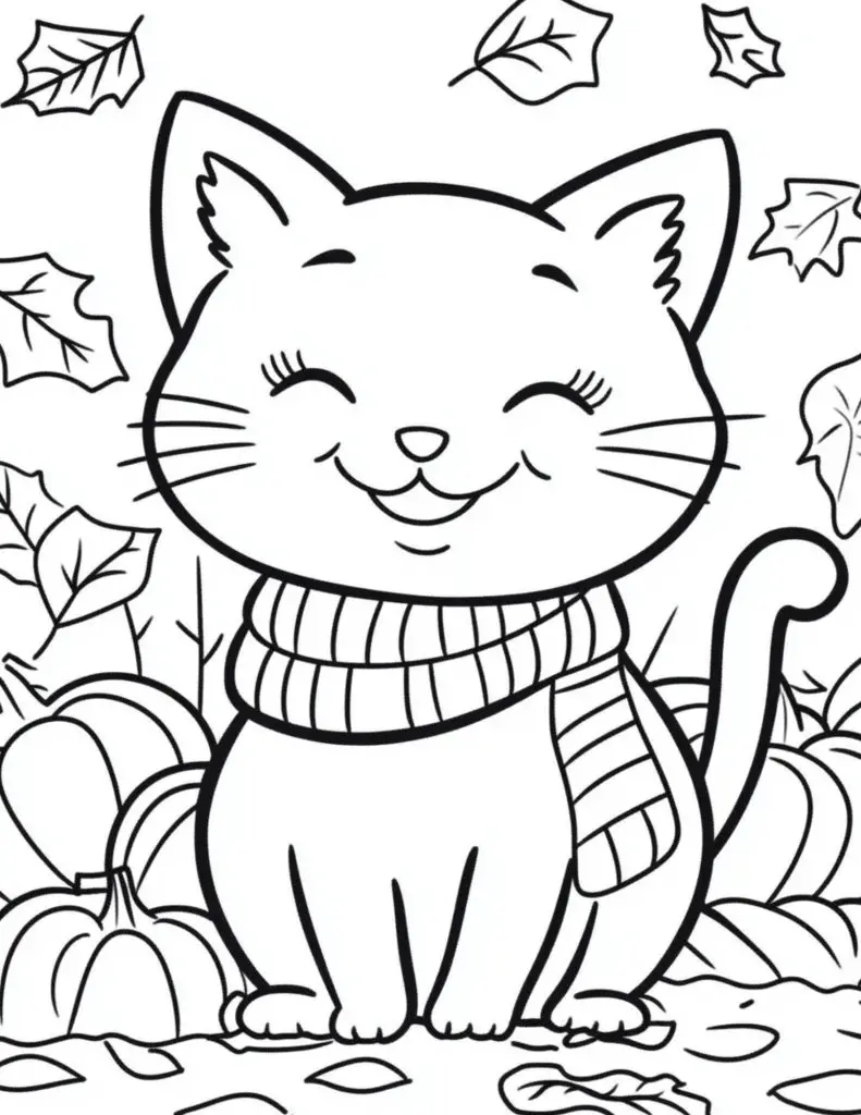 cat coloring page cat with scarf by pumpkins and fall leaves