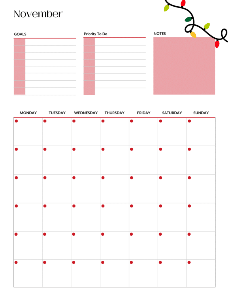 november planner page christmas
