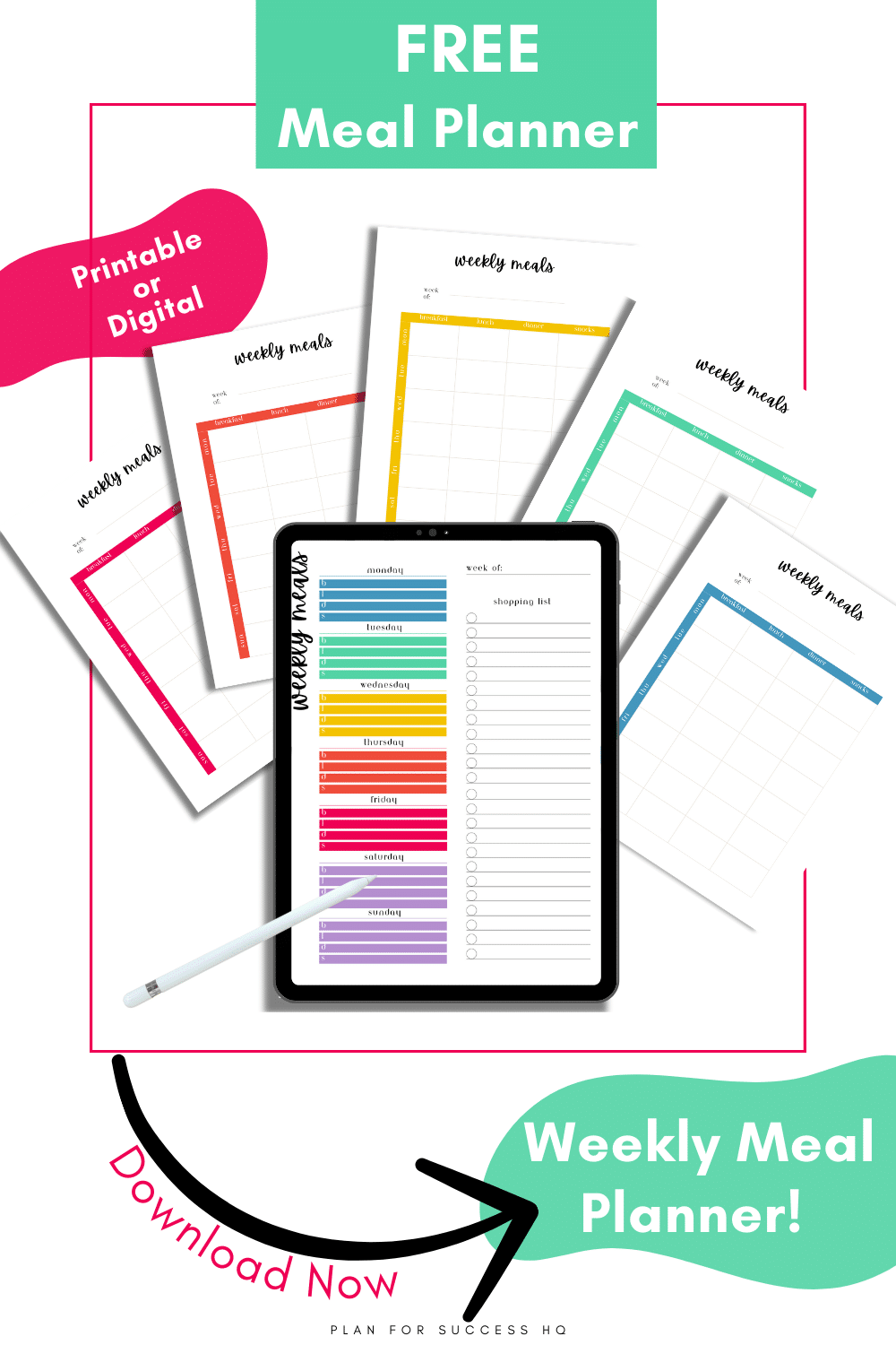 multicolored free printable weekly meal planner