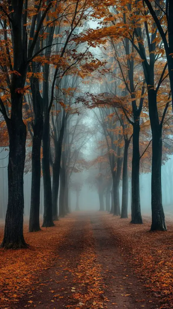 Rustic fall wallpaper for iPhone of a foggy morning forest with colorful fall leaves.