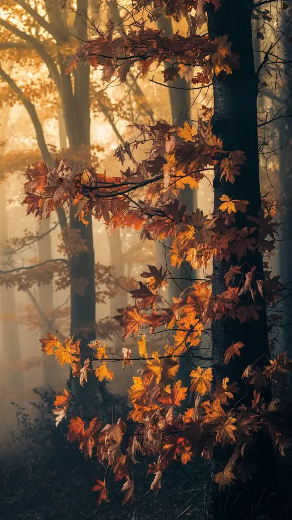 Rustic fall wallpaper for iPhone of a foggy morning forest with colorful fall leaves.