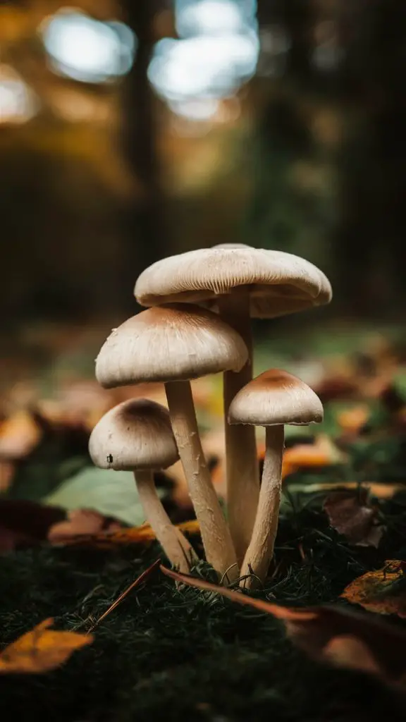 Nature background for iPhone featuring forest mushrooms in an autumn setting.