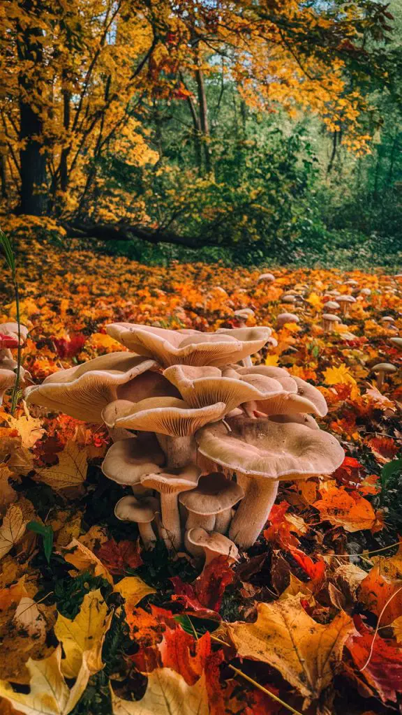 Nature background for iPhone featuring forest mushrooms in an autumn setting.