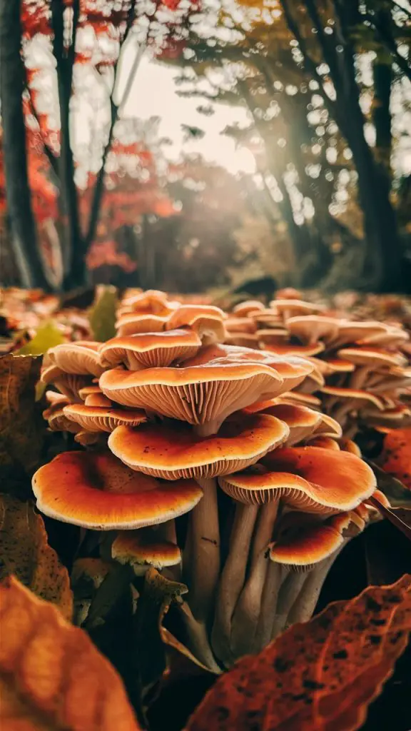 Nature background for iPhone featuring forest mushrooms in an autumn setting.