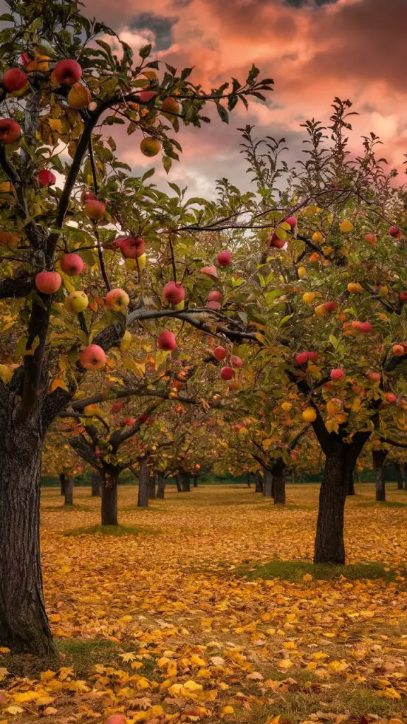 Fall phone wallpaper featuring a rustic apple orchard with vibrant fall colors.