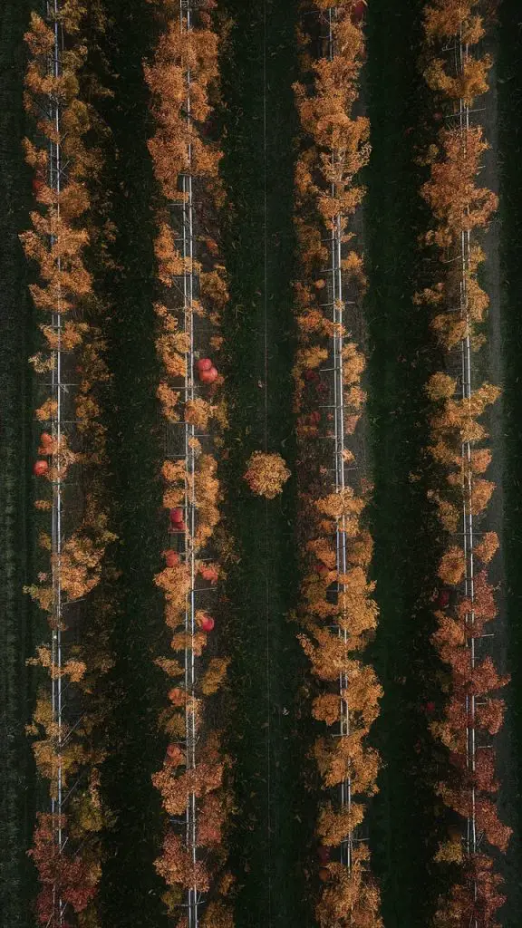 Fall phone wallpaper featuring a rustic apple orchard with vibrant fall colors.