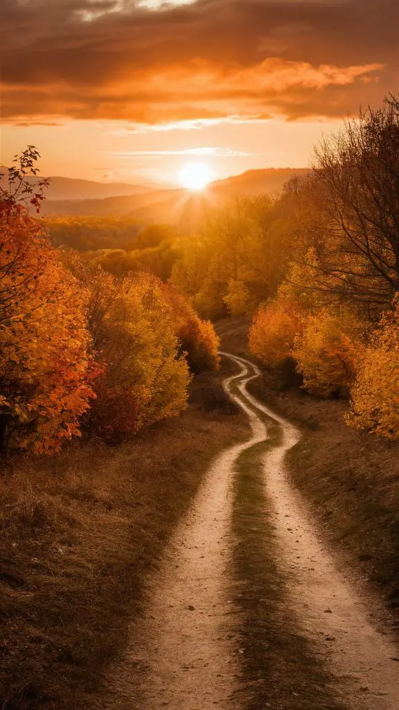 Autumn phone wallpaper with a stunning golden sunset over a fall landscape.