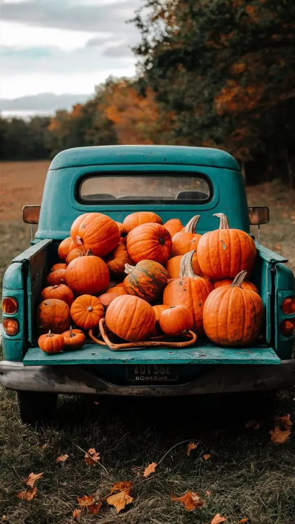 Cute fall wallpaper for iPhone featuring a vintage truck loaded with pumpkins.