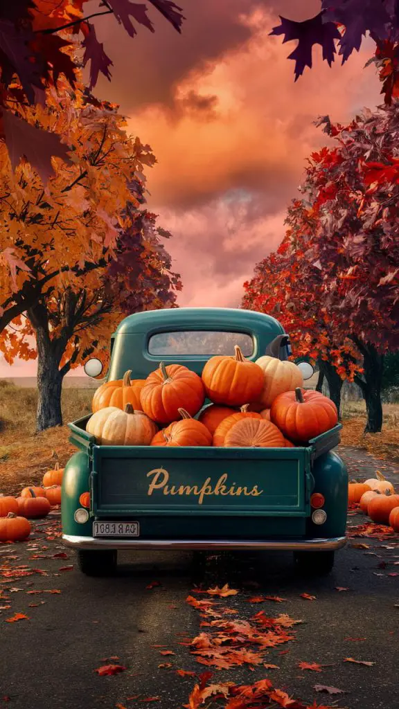 Cute fall wallpaper for iPhone featuring a vintage truck loaded with pumpkins.