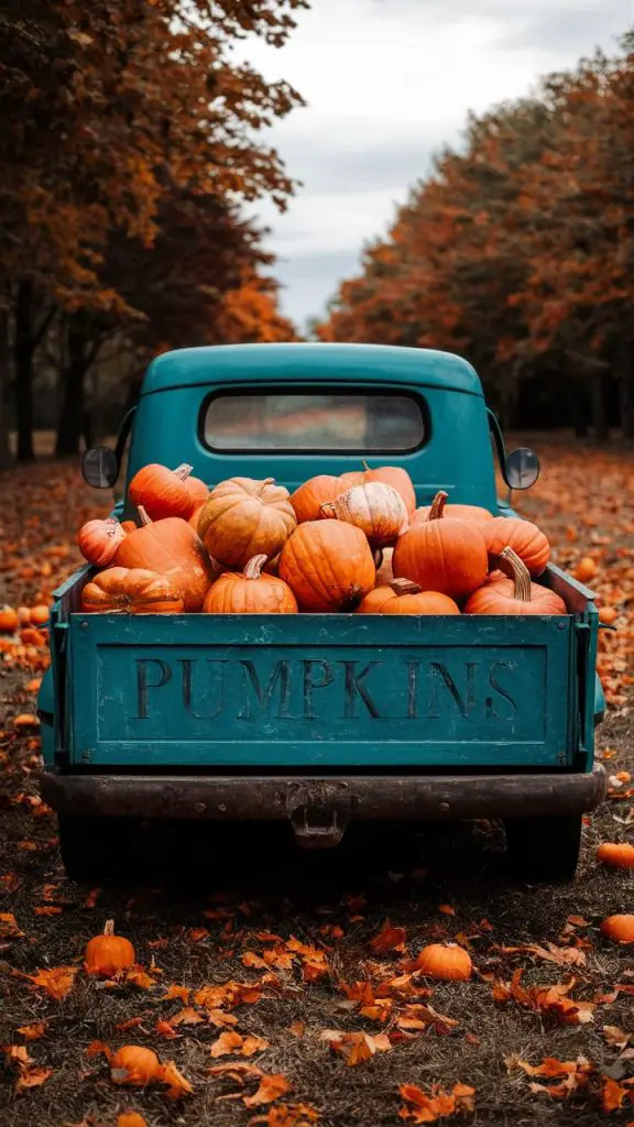 Cute fall wallpaper for iPhone featuring a vintage truck loaded with pumpkins.