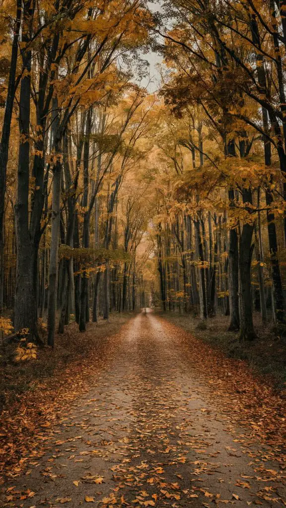 Nature background for iPhone featuring a serene fall forest path with colorful leaves.