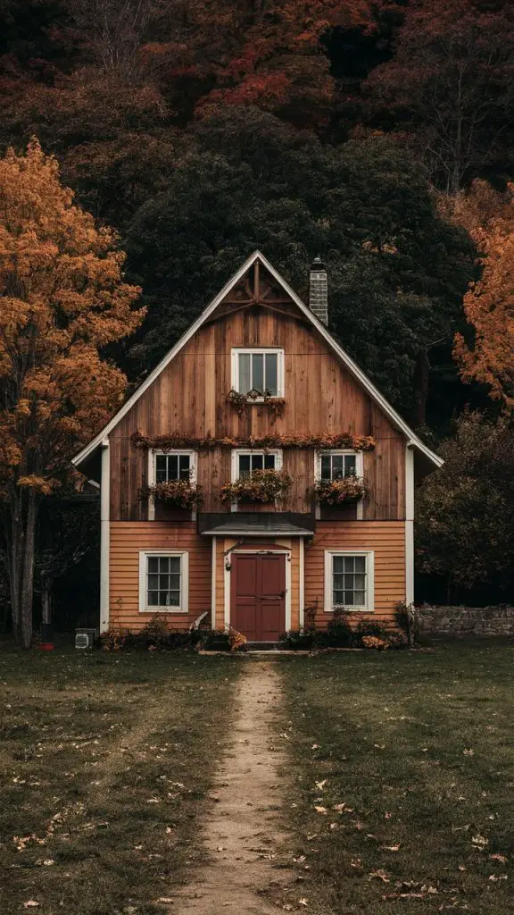 Fall color wallpaper download of a rustic farmhouse with autumn decorations for iPhone.