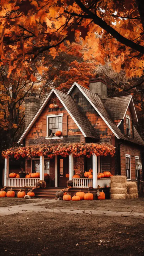 Fall color wallpaper download of a rustic farmhouse with autumn decorations for iPhone.