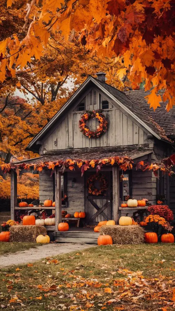 Fall color wallpaper download of a rustic farmhouse with autumn decorations for iPhone.