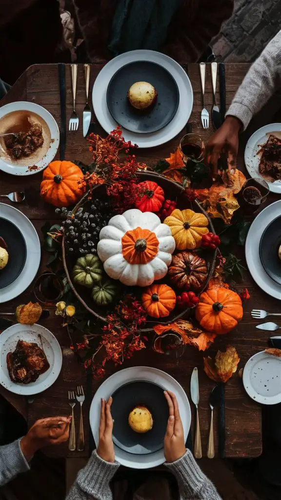 Cozy fall background for iPhone showing a Thanksgiving feast with seasonal decor.