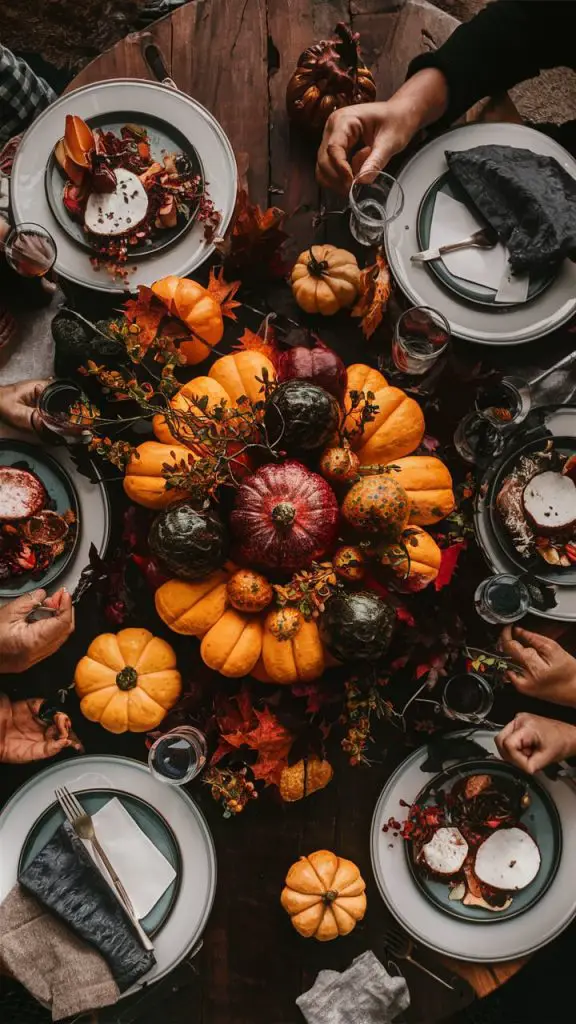 Cozy fall background for iPhone showing a Thanksgiving feast with seasonal decor.