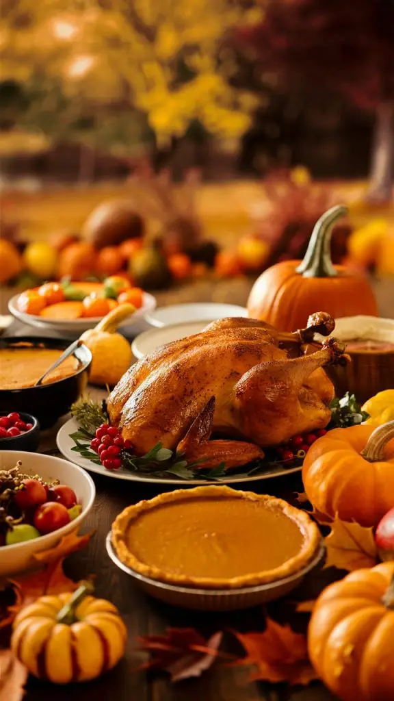 Cozy fall background for iPhone showing a Thanksgiving feast with seasonal decor.