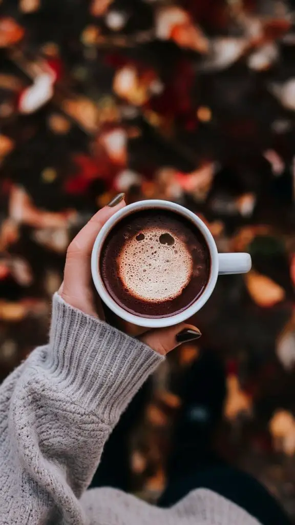 Girly fall wallpaper for iPhone featuring hot cocoa and a cozy sweater."