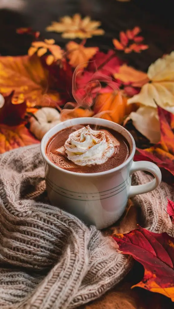 Girly fall wallpaper for iPhone featuring hot cocoa and a cozy sweater."