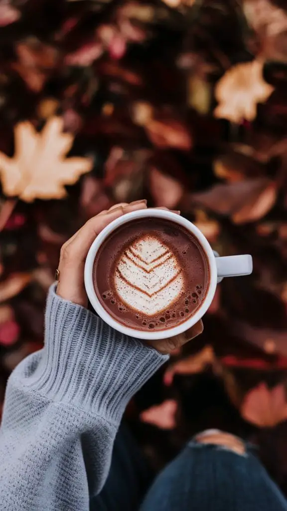 Girly fall wallpaper for iPhone featuring hot cocoa and a cozy sweater."