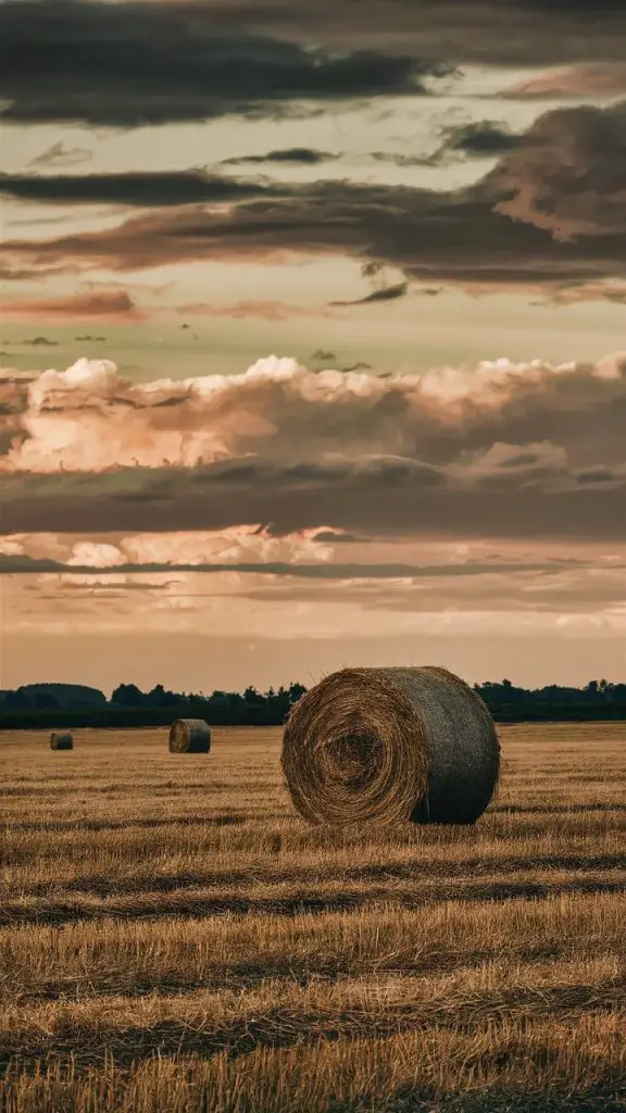 Plain fall background for iPhone with hay bales in a harvest field.