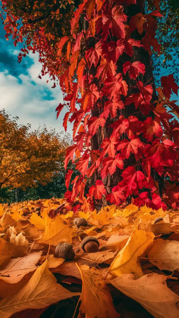 Fall color wallpaper download for iPhone featuring vibrant autumn leaves in red, orange, and yellow.