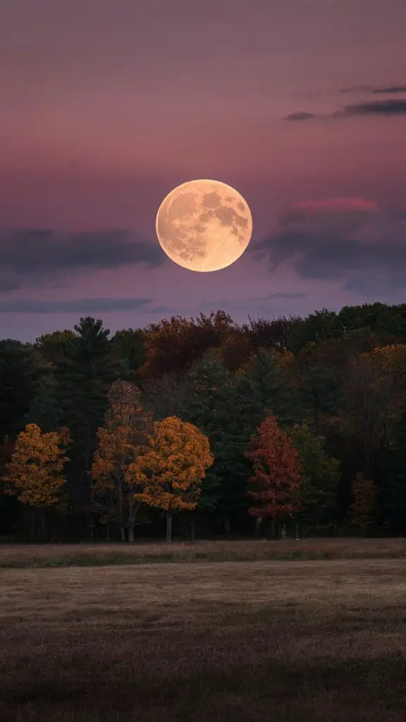 Rustic fall wallpaper for iPhone featuring a glowing harvest moon against fall colors.