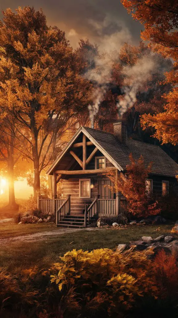 Aesthetic fall wallpaper for iPhone of a cozy cabin surrounded by fall foliage.