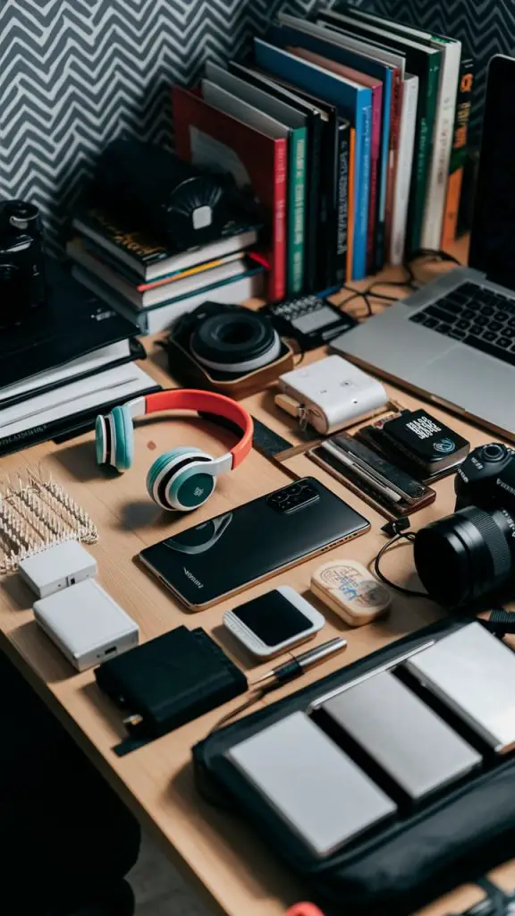 A smartphone, tablet, headphones, chargers, books, and a camera displayed on a desk, ready for packing.