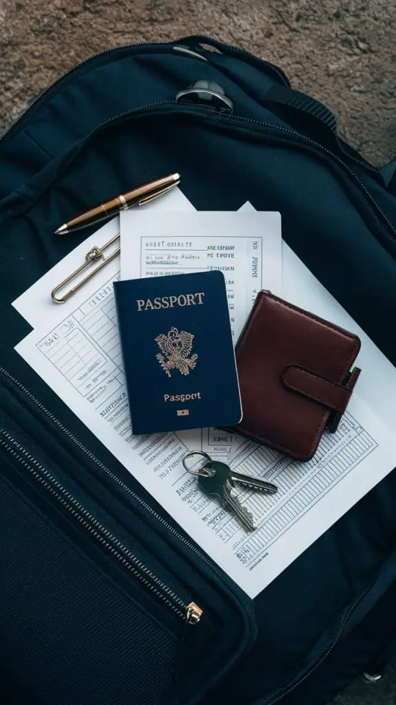  Close-up of a passport, keys, wallet, pen, and travel documents laid out on a travel bag.