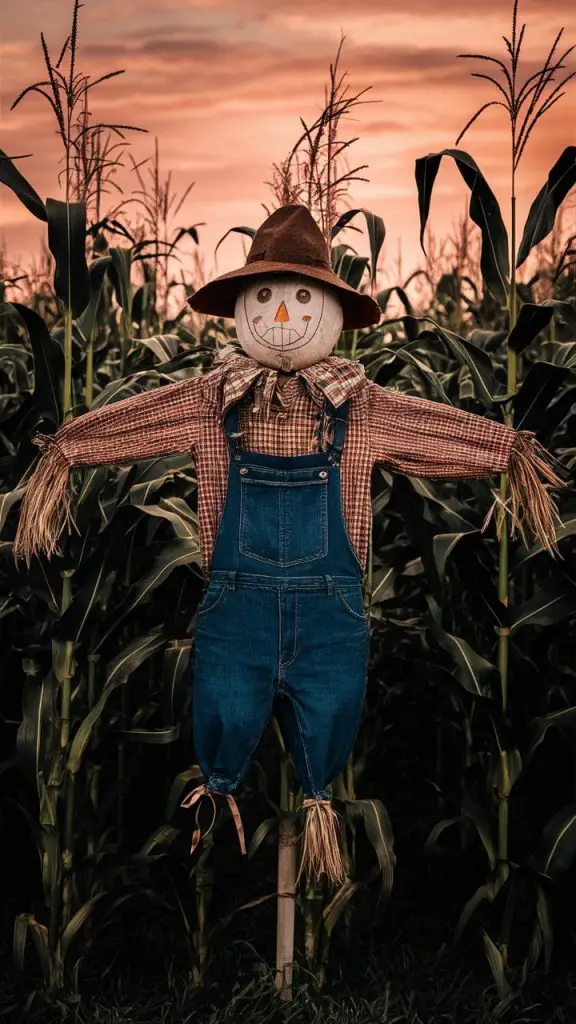 Rustic fall wallpaper for iPhone featuring a scarecrow in a cornfield.