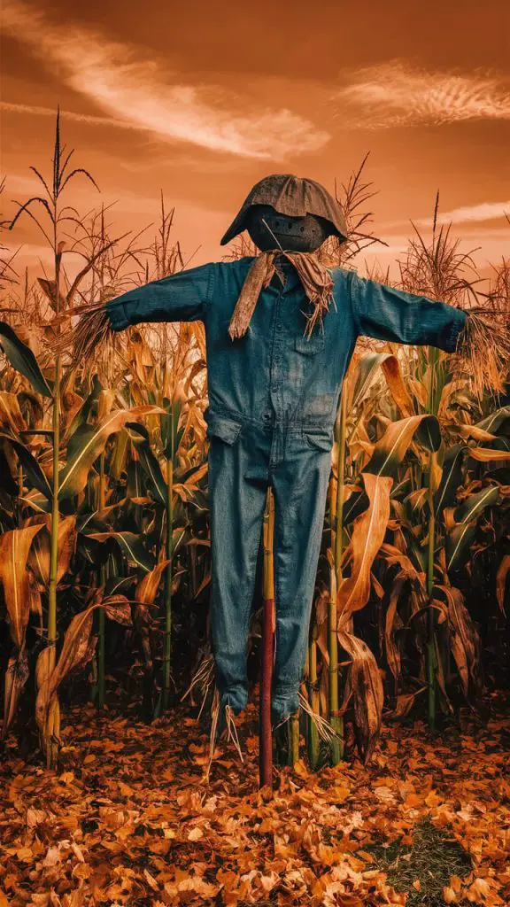 Rustic fall wallpaper for iPhone featuring a scarecrow in a cornfield.