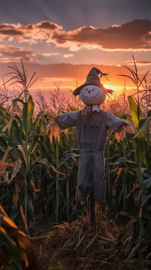 Rustic fall wallpaper for iPhone featuring a scarecrow in a cornfield.