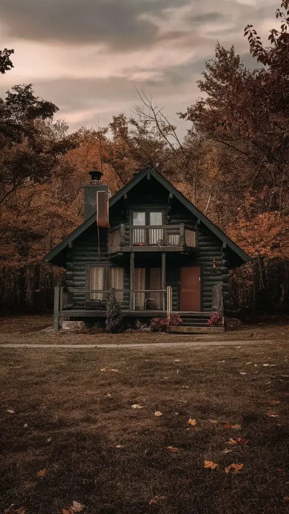 Aesthetic fall wallpaper for iPhone of a cozy cabin surrounded by fall foliage.